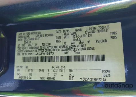 2016 Ford F-150 Platinum из США, поврежденный, VIN 1FTEW1EG8GFA19273